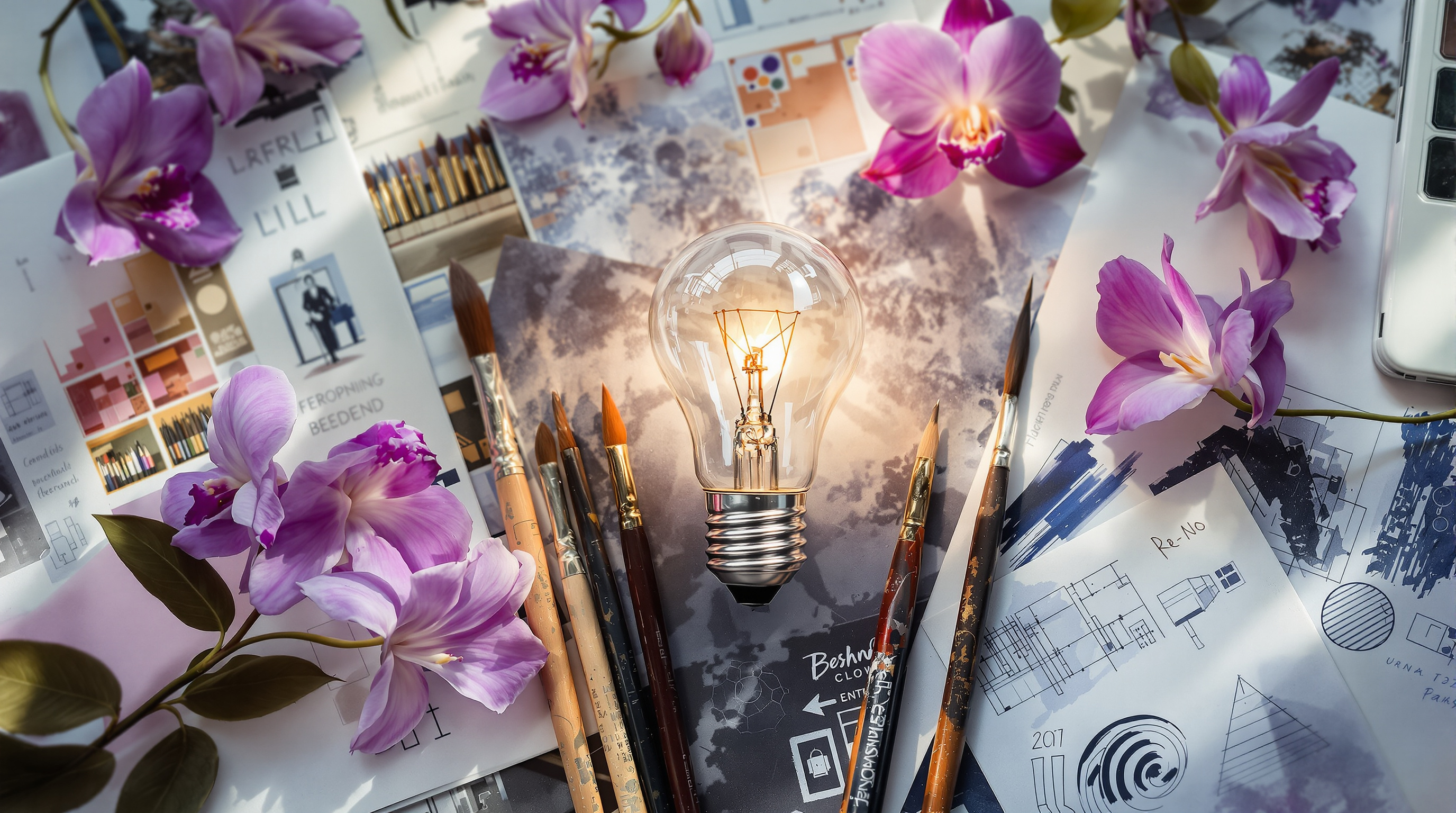 Artistic still life representing creative inspiration with light bulb and design tools