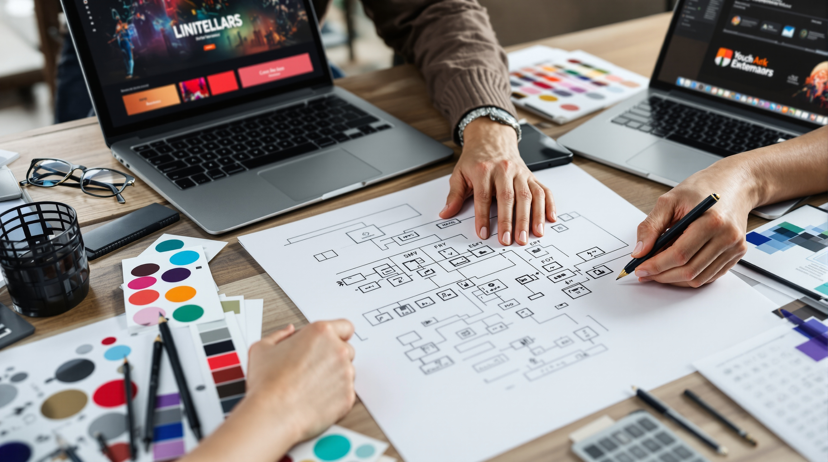 Designer sketching custom website wireframe surrounded by brand materials