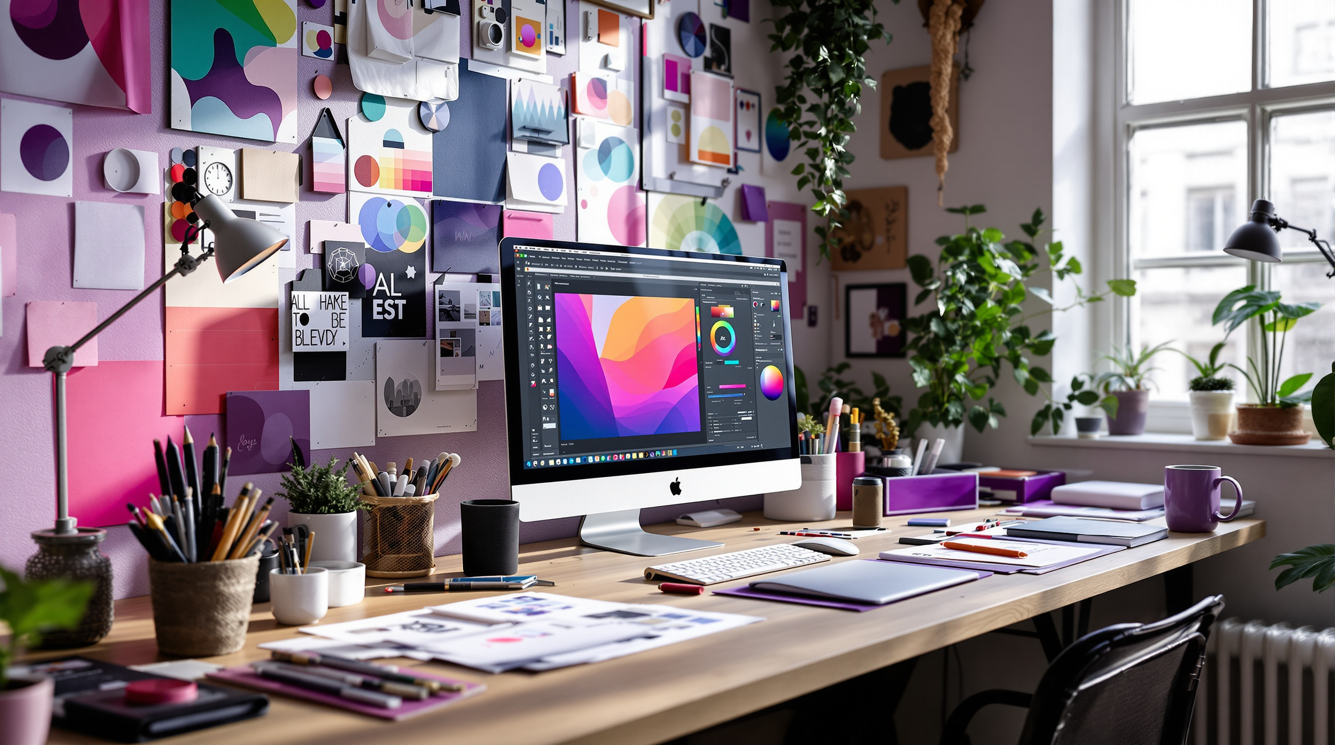 Creative design workspace with colorful mood boards and design tools